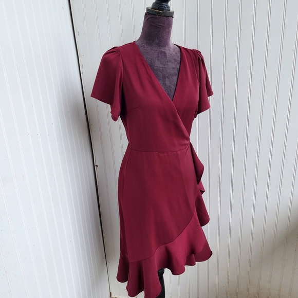 Lucy Paris Burgundy Red Wrap Dress Ruffle Apron Fit n Flare Flatter Women's XS - Picture 2 of 12